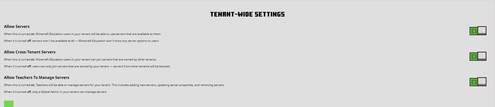 A Screenshot of the Admin Portal with "Allow Cross Tenant Servers" enabled